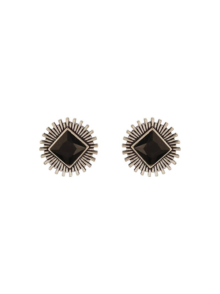 Oxidised Silver Toned  Black Stone Studded Geometric Square Shaped Minimal Studds Earrings : SJER2761