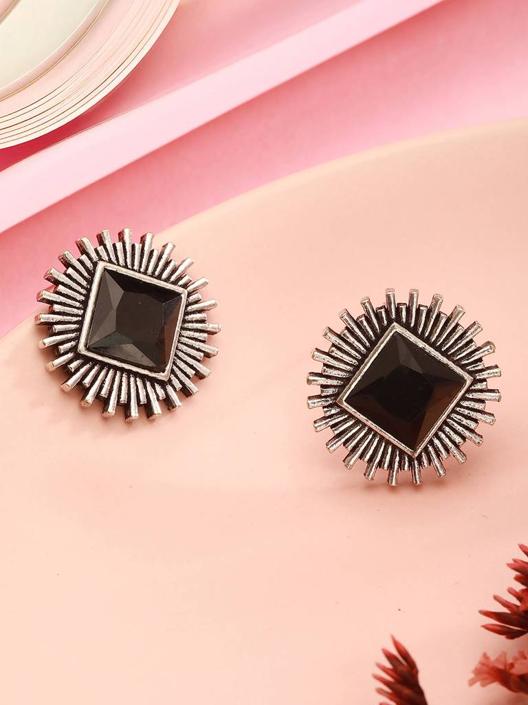 Oxidised Silver Toned  Black Stone Studded Geometric Square Shaped Minimal Studds Earrings : SJER2761