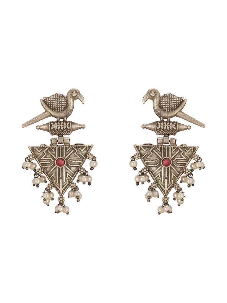Oxidised Silver Toned Red Stone & Pearl Beaded Drop Handcrafted  Long Dangler Minimal Statement Earrings : SJER2764
