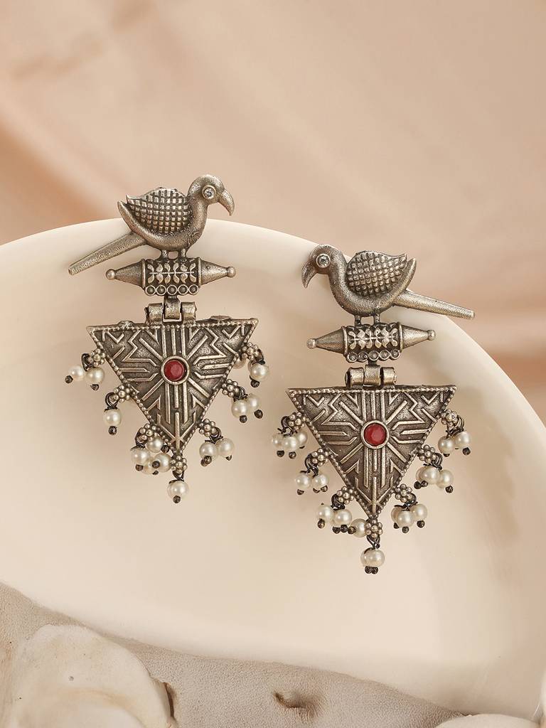 Oxidised Silver Toned Red Stone & Pearl Beaded Drop Handcrafted  Long Dangler Minimal Statement Earrings : SJER2764