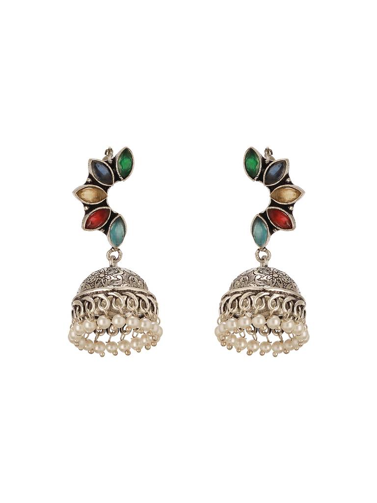 Oxidised Silver Toned Multicolored Handcrafted C Shaped Dangler Minimal  Jhumka Earrings : SJER2766