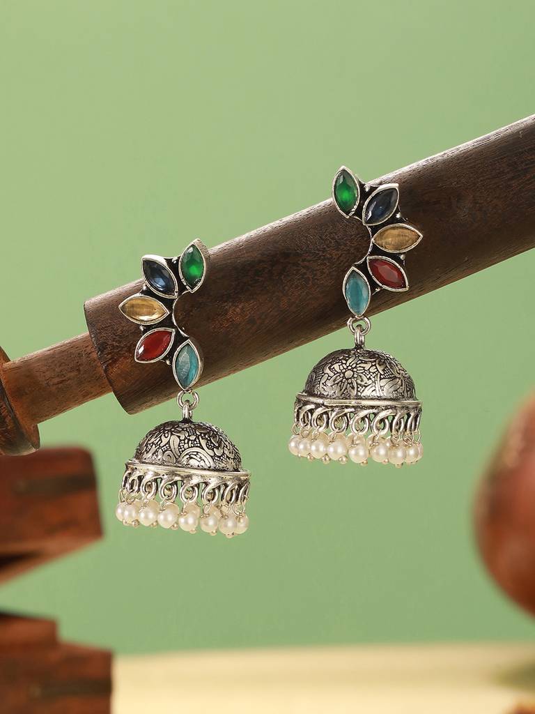 Oxidised Silver Toned Multicolored Handcrafted C Shaped Dangler Minimal  Jhumka Earrings : SJER2766