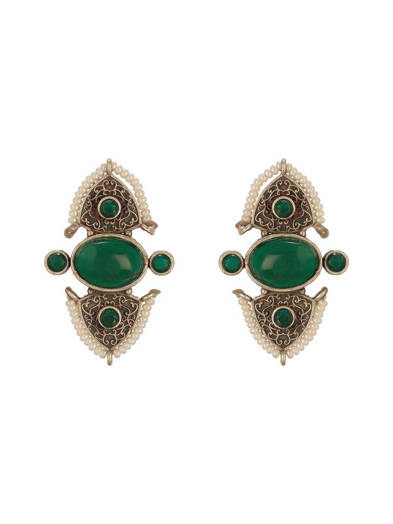 Oxidised Silver Toned Green Stone Studded Unique Pearl Beaded Handcrafted Studds Earrings : SJER2771