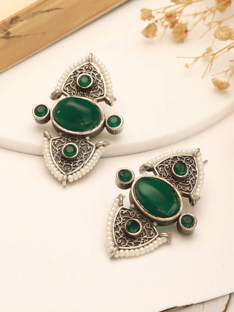 Oxidised Silver Toned Green Stone Studded Unique Pearl Beaded Handcrafted Studds Earrings : SJER2771