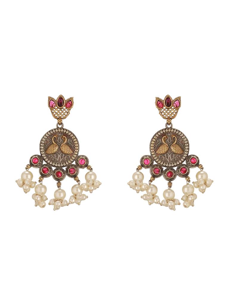 Oxidised Dual Toned Red Stone Pearl Beaded Handcrafted  Peacock Filigree Chandbali Earrings : SJER2773