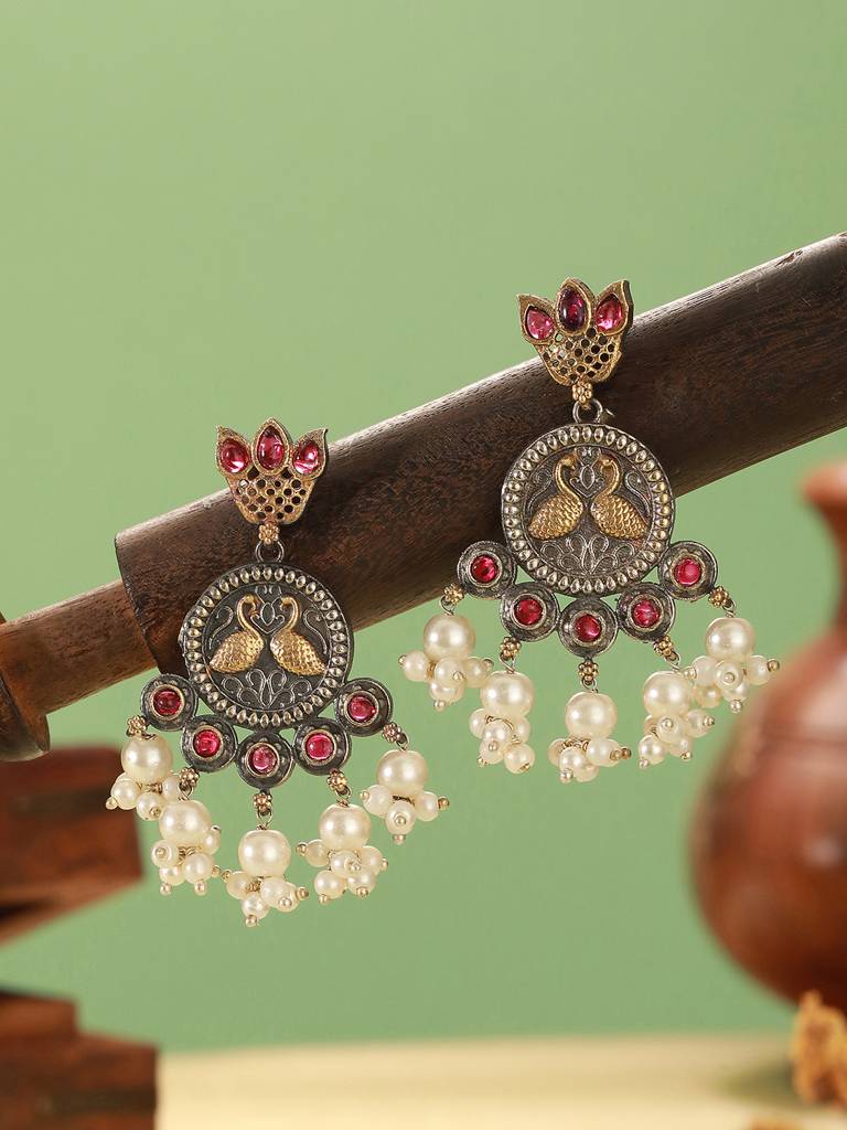 Oxidised Dual Toned Red Stone Pearl Beaded Handcrafted  Peacock Filigree Chandbali Earrings : SJER2773