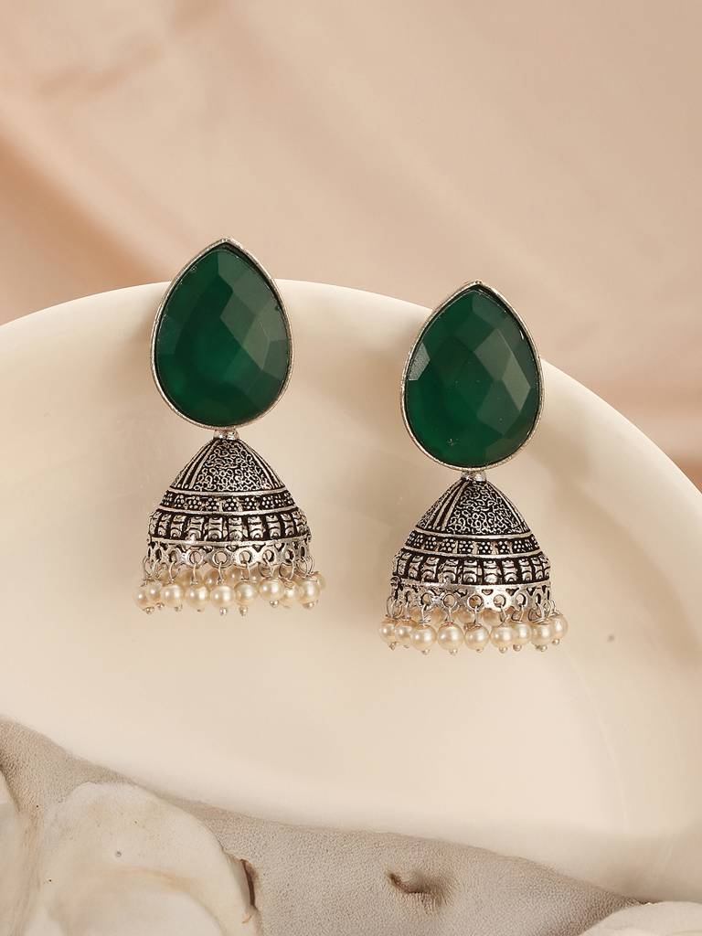 Oxidised Silver Toned Emerald Green Stone Pearl Beaded Filigree