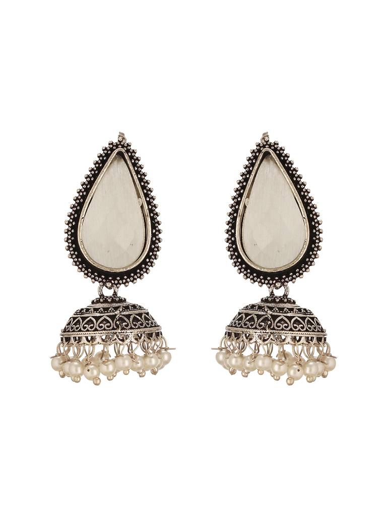 Oxidised Silver-Toned White  Stone & Pearl Beaded  Teardrop Stone Handcrafted Jhumka Earrings : SJER2776
