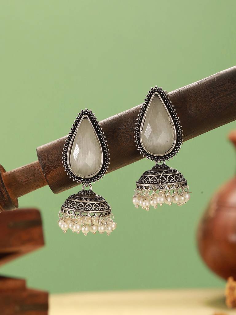 Oxidised Silver-Toned White  Stone & Pearl Beaded  Teardrop Stone Handcrafted Jhumka Earrings : SJER2776