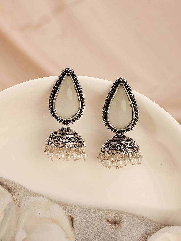 Oxidised Silver-Toned White Stone Pearl Beaded Teardrop Stone