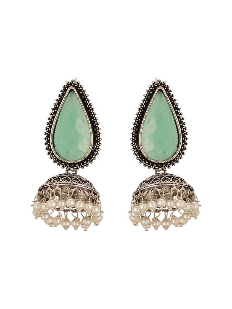 Oxidised Silver-Toned Green   Stone & Pearl Beaded  Teardrop Stone Handcrafted Jhumka Earrings : SJER2777