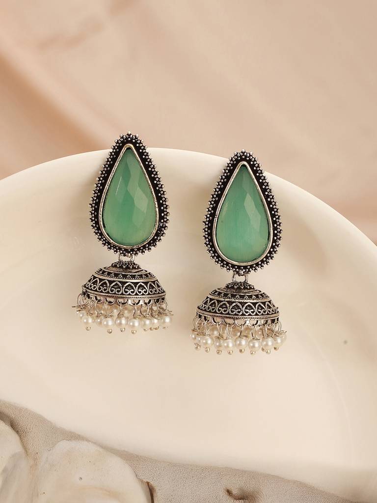 Oxidised Silver-Toned Green Stone Pearl Beaded Teardrop Stone