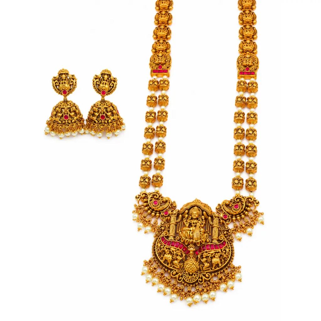 1 Gram Gold Pendant Set | Barrel Bead Chain With Elephant Lakshmi : J-969
