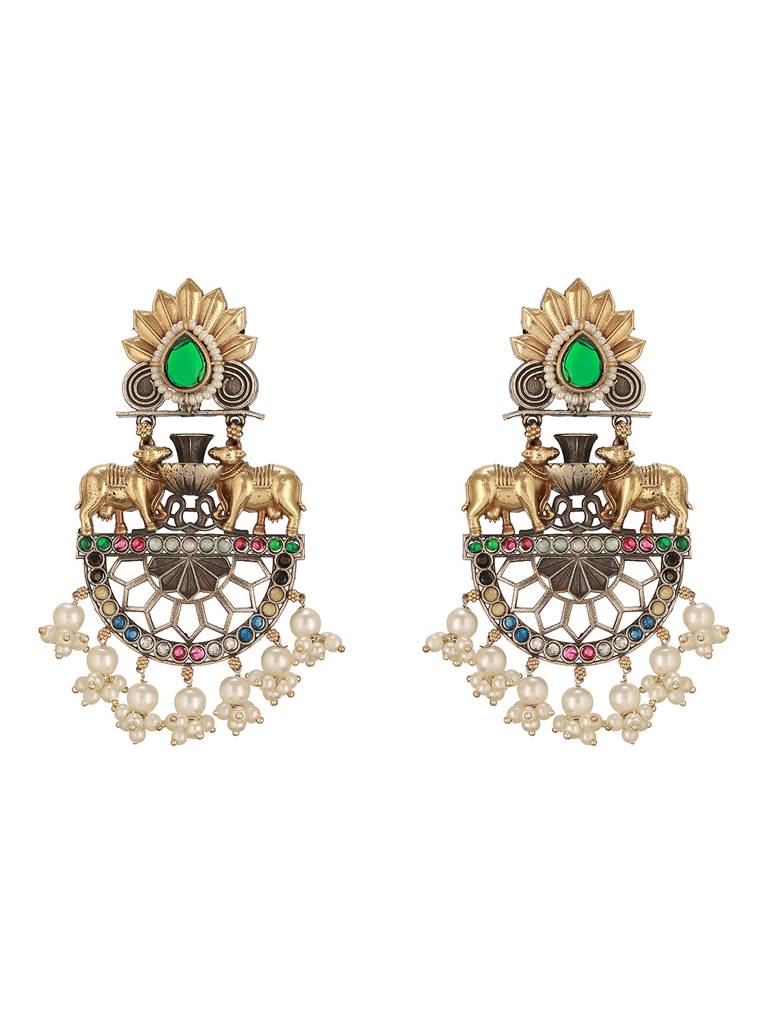 Antique Gold Oxidised Emerald Green Stone & Pearl Beaded Nandi Motif  Tribal Contemporary Chandbali Dangler Earrings : SJER2780