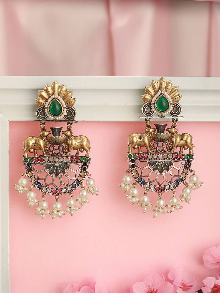 Antique Gold Oxidised Emerald Green Stone & Pearl Beaded Nandi Motif  Tribal Contemporary Chandbali Dangler Earrings : SJER2780