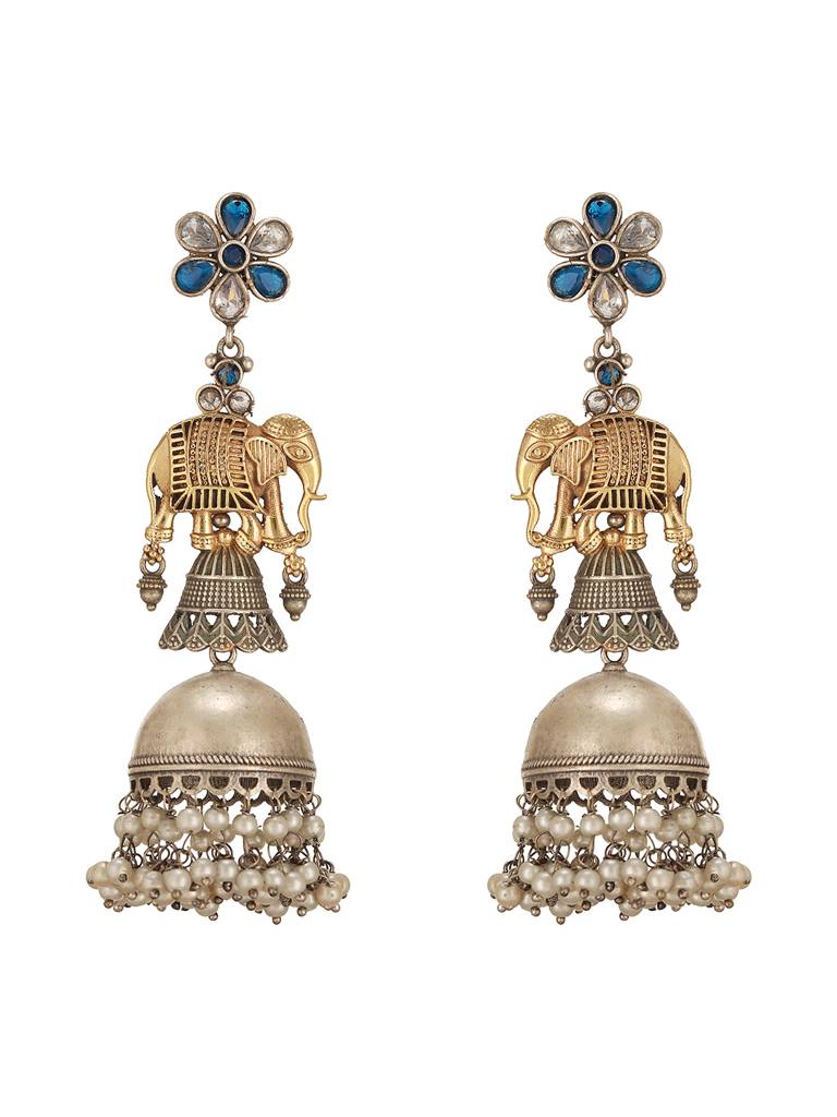 Oxidised Silver Toned Pearl Beaded Floral Elephant  Design Contemporary Dangler  Jhumka Earrings : SJER2787