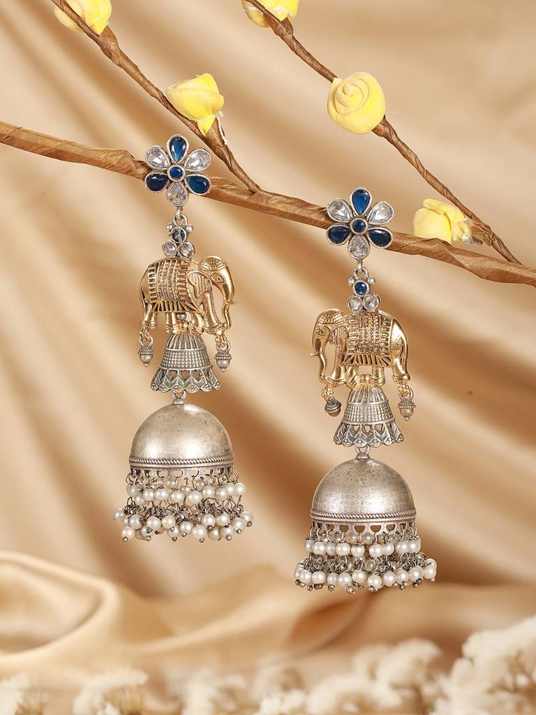 Oxidised Silver Toned Pearl Beaded Floral Elephant  Design Contemporary Dangler  Jhumka Earrings : SJER2787