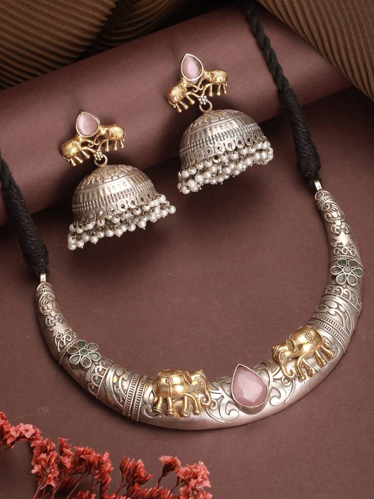 Oxidised Silver Plated Fusion Contemporary  Elephant Motif Statement Hasli With Jhumka Jewellery Set : SJNK2789