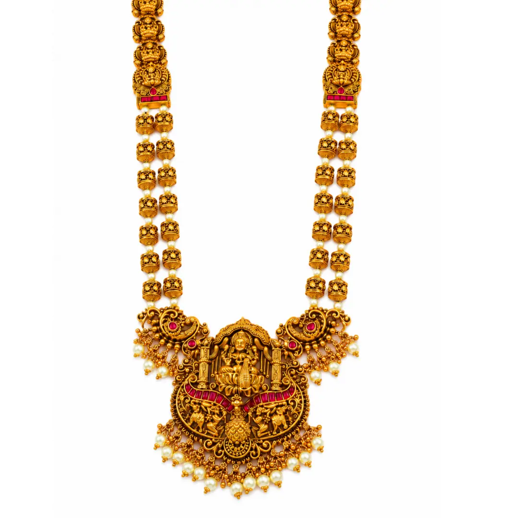 1 Gram Gold Pendant Set | Barrel Bead Chain With Elephant Lakshmi : J-969