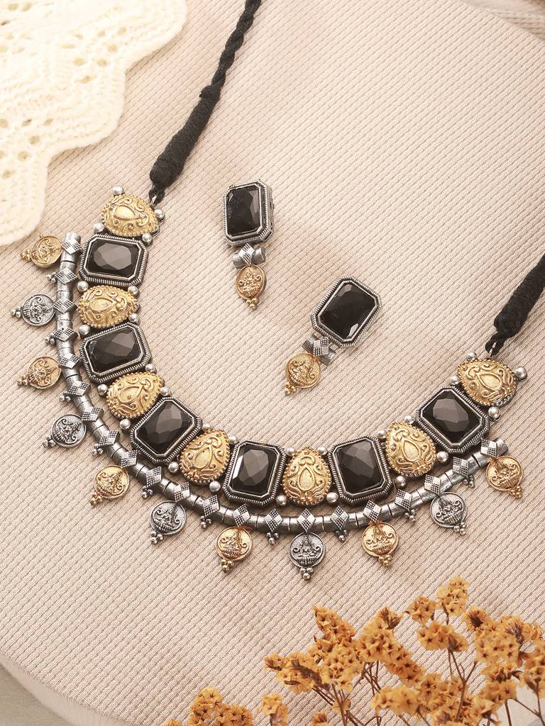 Oxidised Dual Toned Black Stone Studded Contemporary  Tribal  Lakshmiji Motif Choker Jewellery Set : SJNK2793