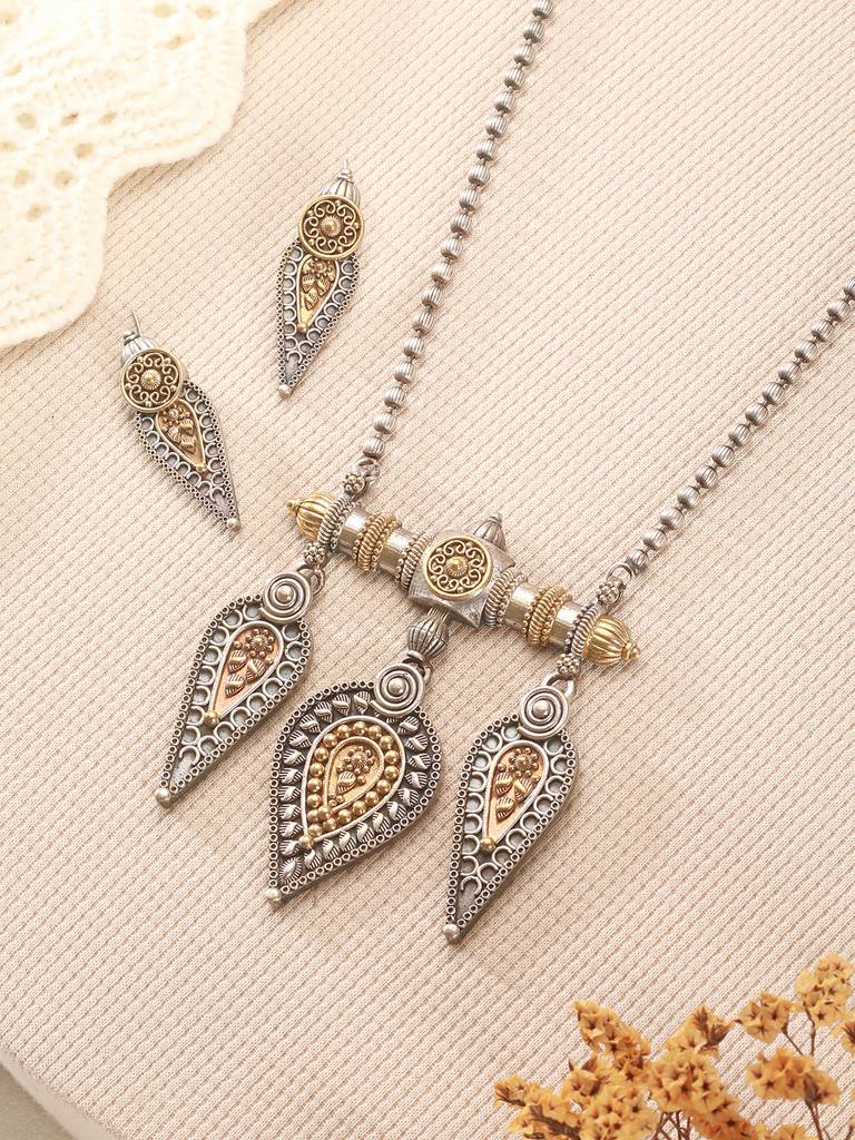 Oxidised Dual Toned Long Haram Leafy  Statement Tribal Pendant Jewellery Set : SJNK2794