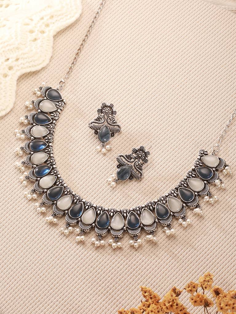 Oxidised Silver Toned Blue White Stone Studded Statement Tribal Choker  Jewellery Set Brass Multi