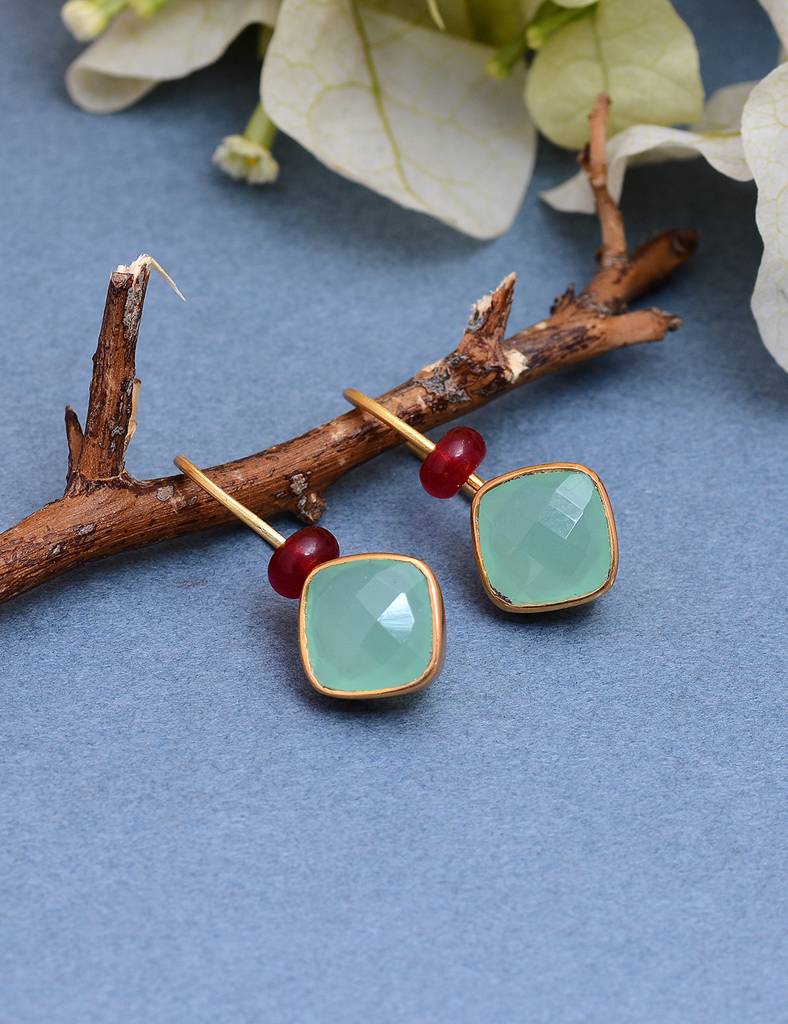 925 Sterling Dangling Studs With 24K Gold Plated And Peru Calsi Stone : 2796