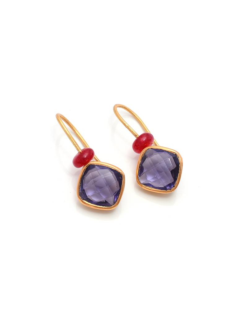 925 Sterling Dangling Studs With 24K Gold Plated And Amethyst Stone : 2797