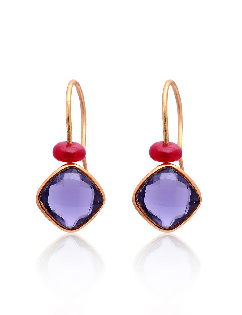 925 Sterling Dangling Studs With 24K Gold Plated And Amethyst Stone : 2797