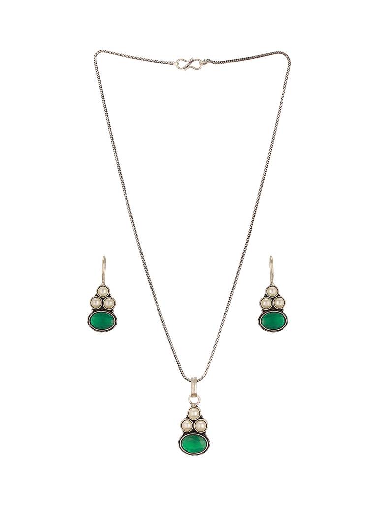 Oxidised Silver Toned Emerald Green Stone & Pearl Beaded Minimal Pendant Chain Jewellery Set : SJLK2799
