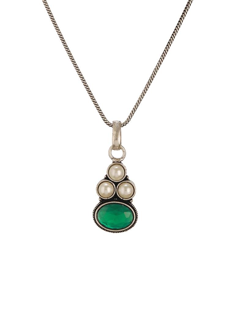 Oxidised Silver Toned Emerald Green Stone & Pearl Beaded Minimal Pendant Chain Jewellery Set : SJLK2799