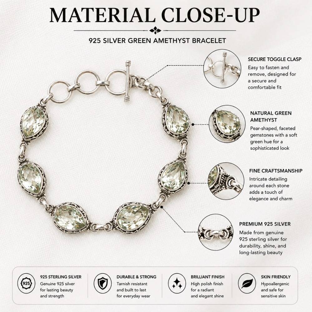 925 Sterling Silver Green Amethyst Gemstone Bracelet For Women & Girls : FU-1238