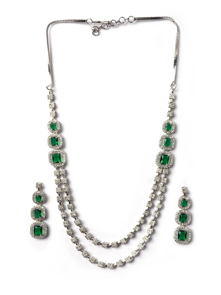 Silver-Plated American Diamond Studded Layered Jewellery Set : AD140GREEN