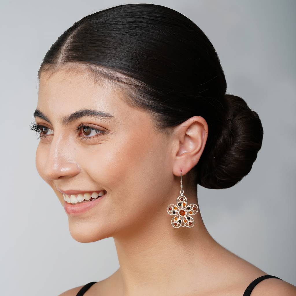 Multicolor European Baltic Amber Big Flower Earrings In Sterling Silver : SIL-EAR-CAS-0032-MUL