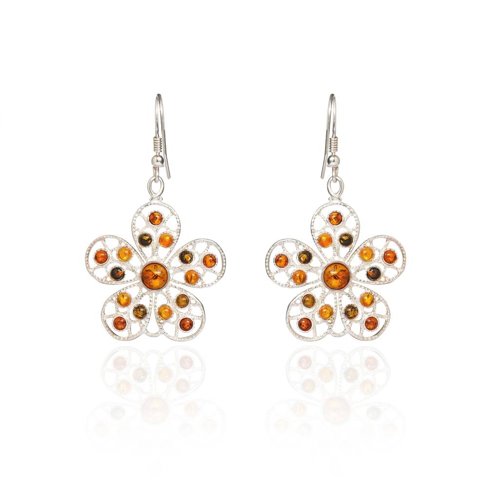 Multicolor European Baltic Amber Big Flower Earrings In Sterling Silver : SIL-EAR-CAS-0032-MUL