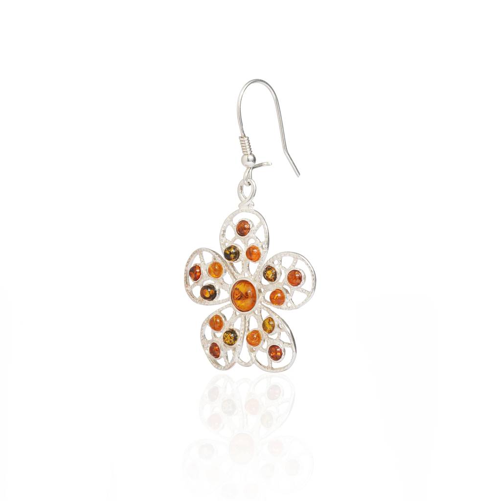 Multicolor European Baltic Amber Big Flower Earrings In Sterling Silver : SIL-EAR-CAS-0032-MUL