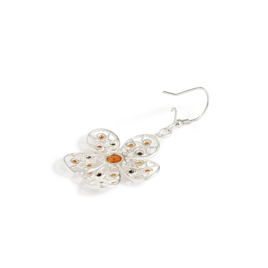 Multicolor European Baltic Amber Big Flower Earrings In Sterling Silver : SIL-EAR-CAS-0032-MUL