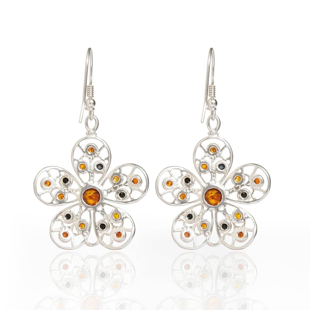 Multicolor European Baltic Amber Big Flower Earrings In Sterling Silver : SIL-EAR-CAS-0032-MUL