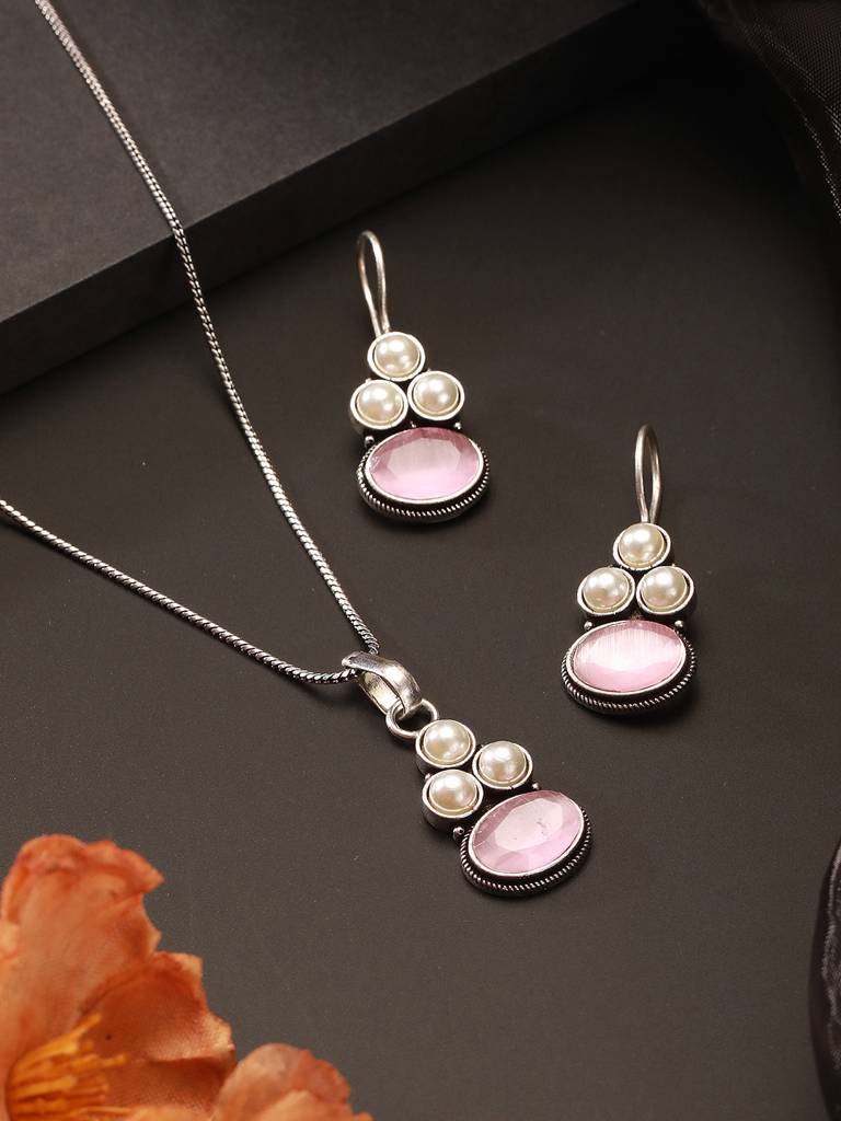 Oxidised Silver Toned Pink  Stone & Pearl Beaded Minimal Pendant Chain Jewellery Set : SJLK2800