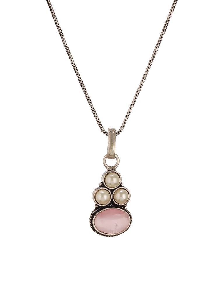 Oxidised Silver Toned Pink  Stone & Pearl Beaded Minimal Pendant Chain Jewellery Set : SJLK2800