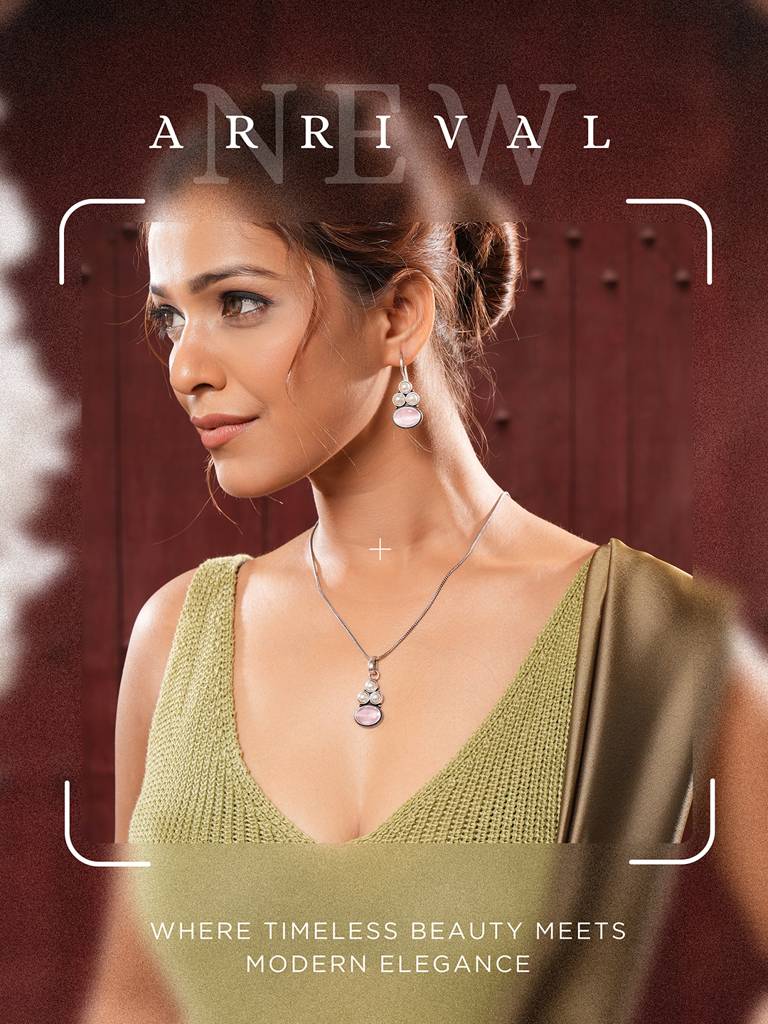 Oxidised Silver Toned Pink  Stone & Pearl Beaded Minimal Pendant Chain Jewellery Set : SJLK2800