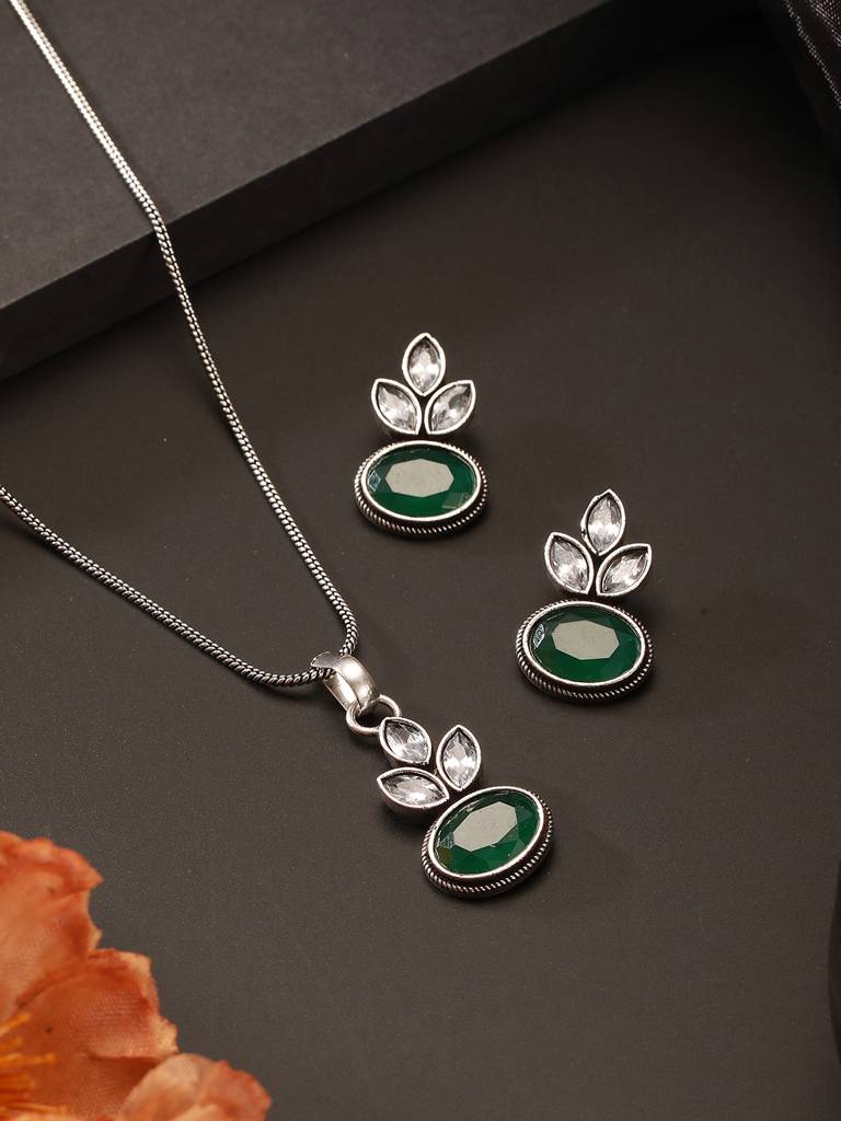 Oxidised Silver Toned Emerald Green White Stone Studded Floral