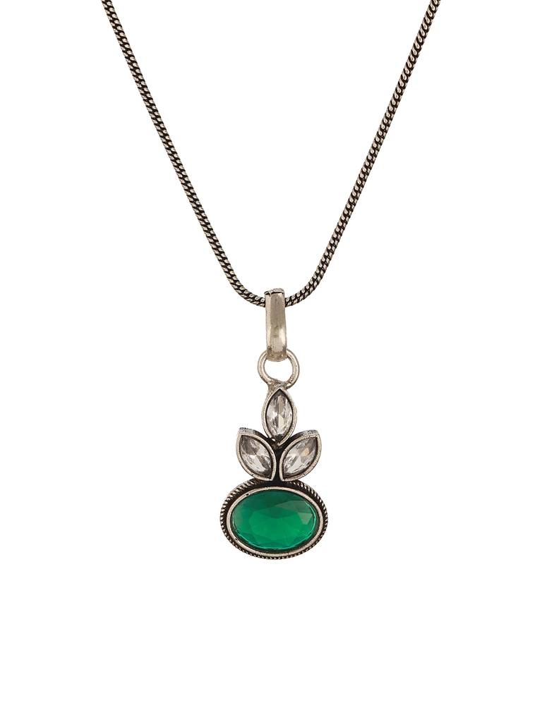 Oxidised Silver Toned  Emerald Green & White Stone Studded Floral Minimal Pendant Chain Jewellery Set : SJLK2801