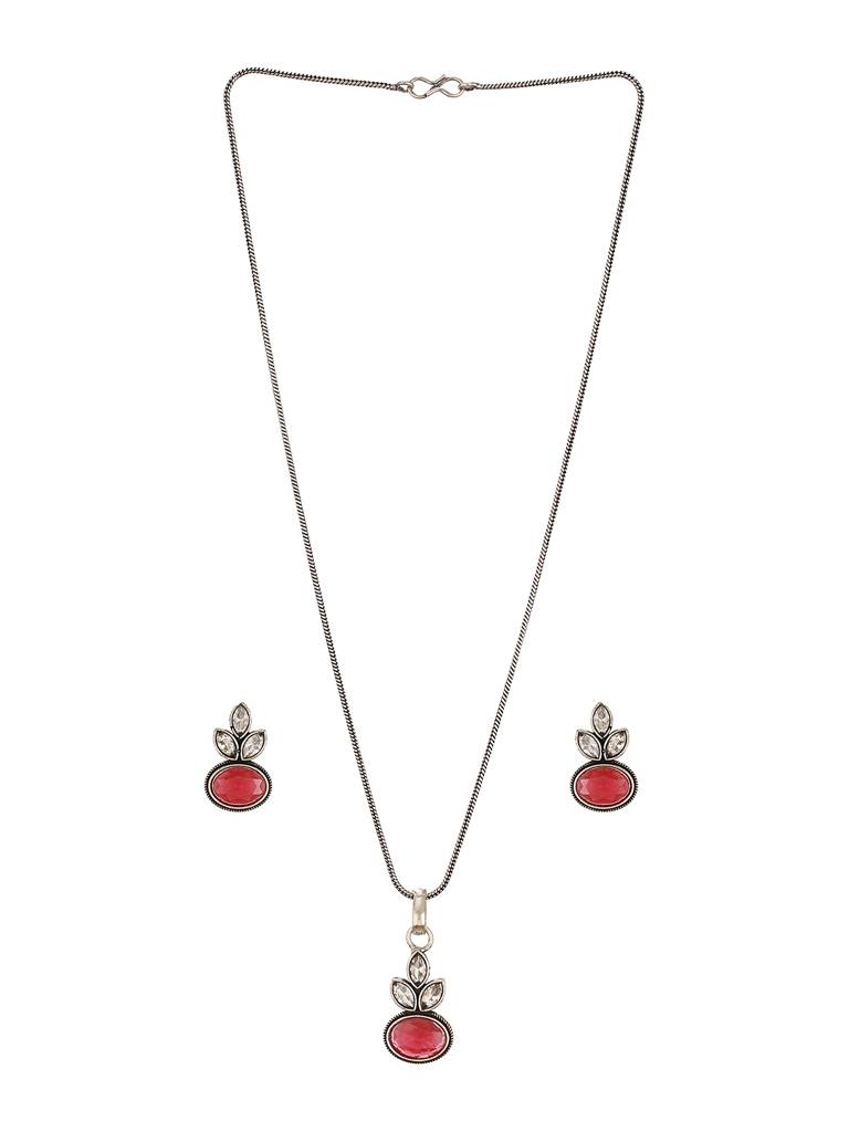 Oxidised Silver Toned Ruby Red  & White Stone Studded Floral Minimal Pendant Chain Jewellery Set : SJLK2802