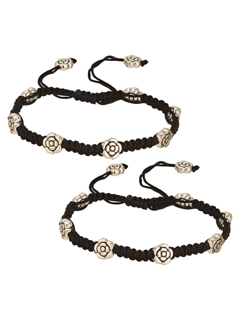 Set Of 2 Silver Oxidised Stone Studded Flower Designminimal Dailywear Anklet Payal : SJPL2804