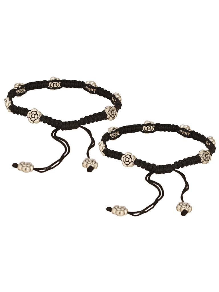 Set Of 2 Silver Oxidised Stone Studded Flower Designminimal Dailywear Anklet Payal : SJPL2804