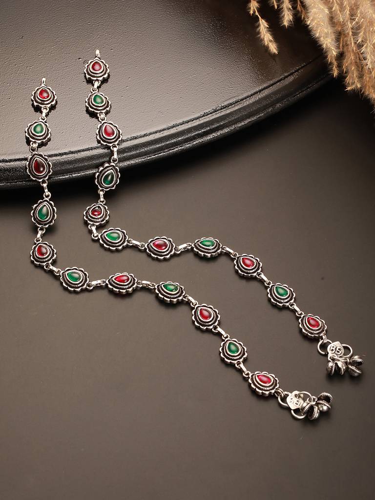 Set Of Silver Oxidised Ruby Red Green Stone Studded Minimal