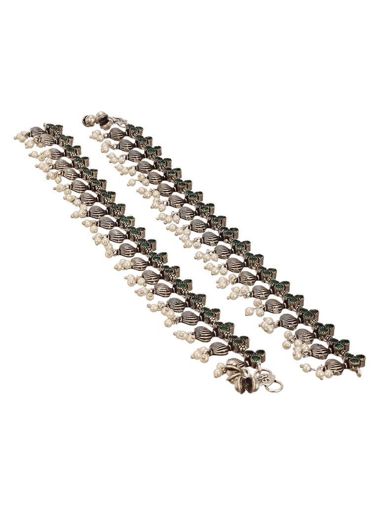 Set Of 2 Silver Oxidised Black  Stone Studded  Flower Minimal Dailywear Anklet Payal : SJPL2810