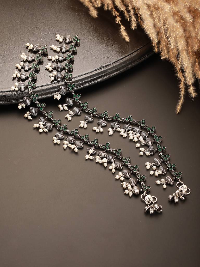 Set Of 2 Silver Oxidised Black  Stone Studded  Flower Minimal Dailywear Anklet Payal : SJPL2810