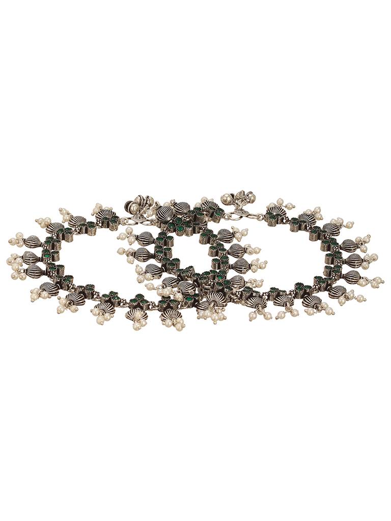 Set Of 2 Silver Oxidised Black  Stone Studded  Flower Minimal Dailywear Anklet Payal : SJPL2810